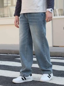 Teenage Boys' Blue Denim Jeans, Teen Boy Spring New Simple Straight Leg Loose Casual Pants - Medium Wash - View 1