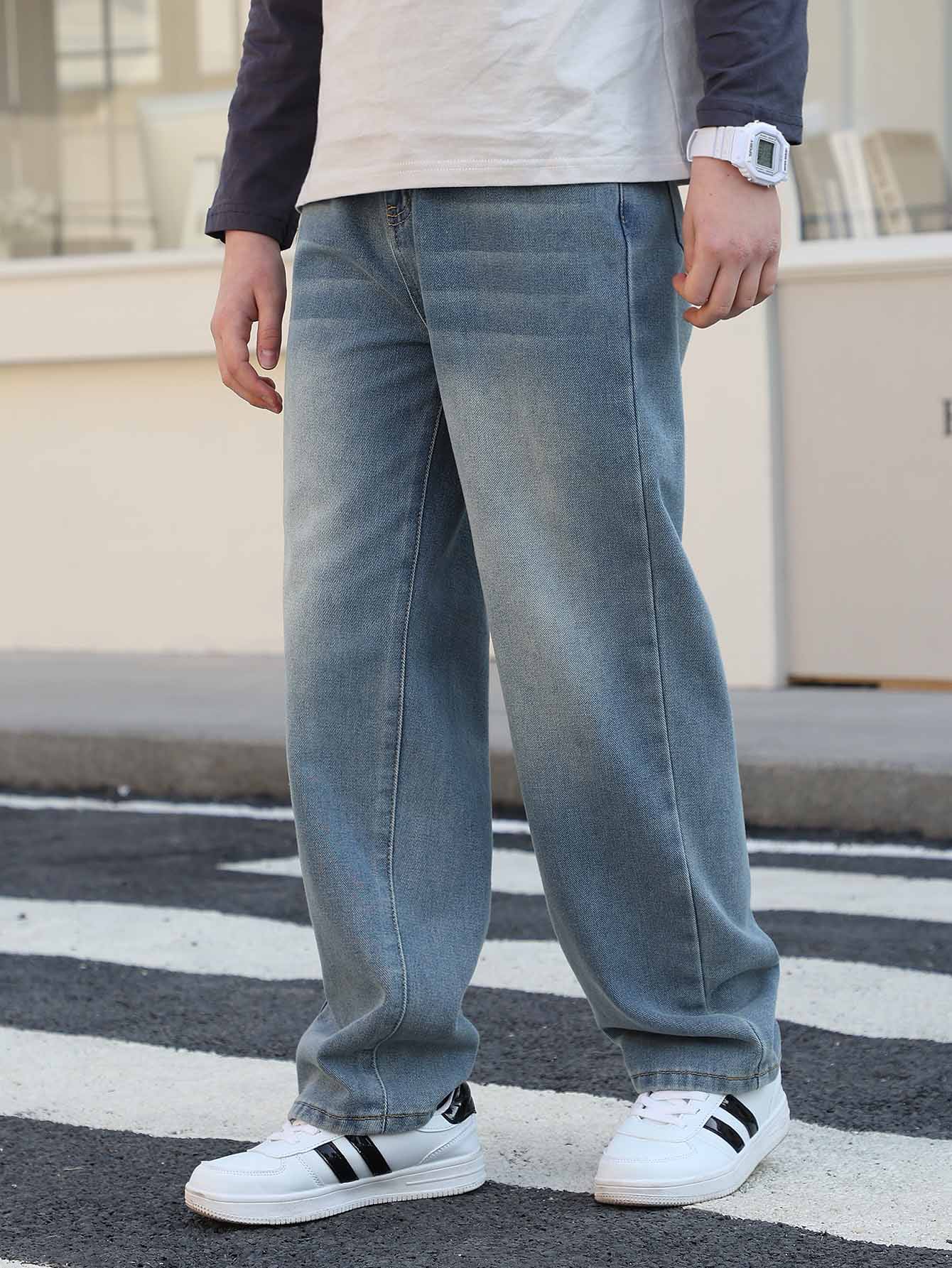 Teenage Boys' Blue Denim Jeans, Teen Boy Spring New Simple Straight Leg Loose Casual Pants - Medium Wash - View 1