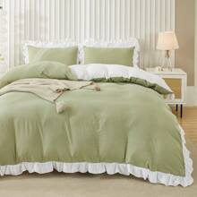 Ruffle Lace Duvet Cover Sets Green White Bedding Set For Women 3 Pieces Double King Size Soft Breathable Microfiber Duvet Cover 200 X 200 Cm 220 X 230 Cm