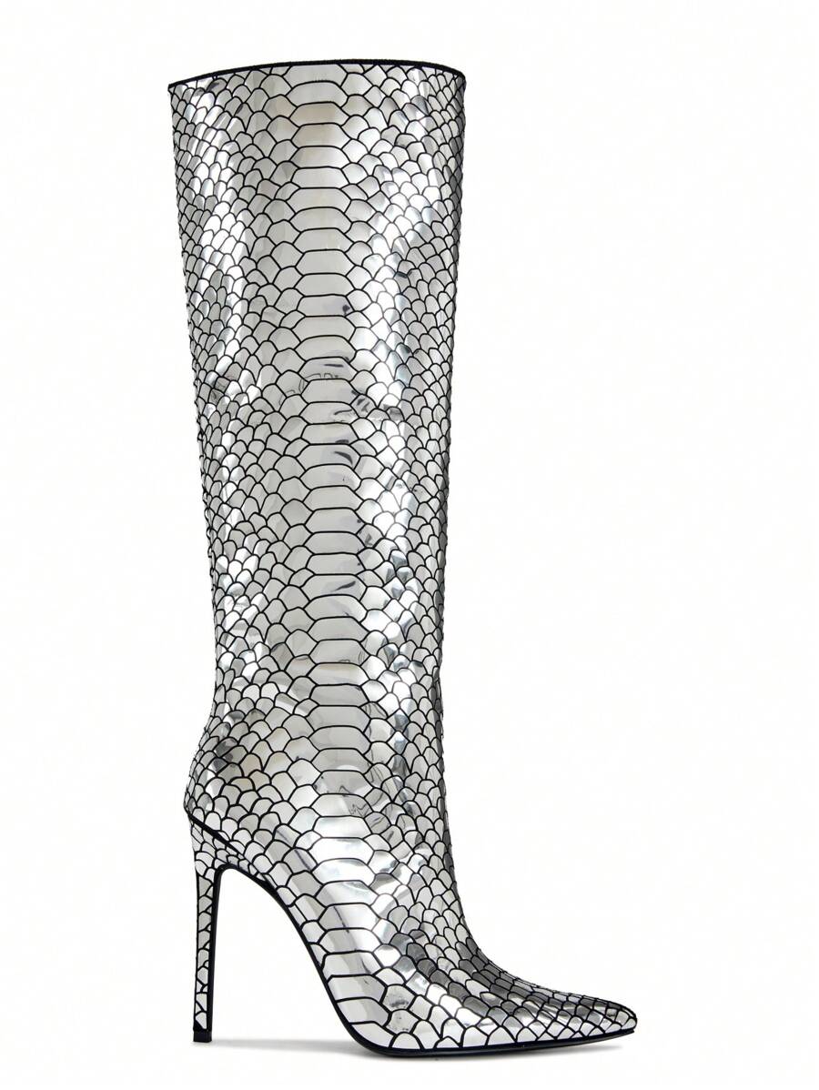 RevReaL Women's Snakeskin Over-The-Knee Heeled Boots - Silver - View 1