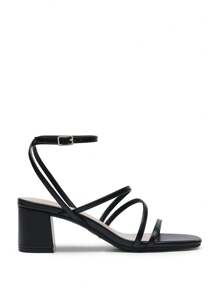 Womens Block Heels Thin Strap Square Open Toe Dressy Chunky Low Heeled Sandals For Party Wedding Evening - 黑色 - 查看 8