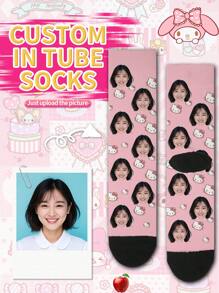 SANRIO Melody, ‌, ‌ , MyMelody, , Badtz-Maru, LittleTwinStars, 1 Đôi Tất Ống Giữa In Hình Khuôn Mặt Tùy Chỉnh Cho Nữ, Đặt Bất Kỳ Khuôn Mặt Nào Lên Tất - Nhiều màu - Xem 1