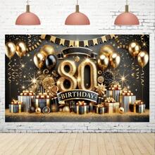1 件优雅的 80 岁生日派对涤纶横幅，金色和黑色主题，配有气球、星星和香槟色图案，适合照片背景、户外庆祝、家居和花园装饰 - 1件 - 查看 2
