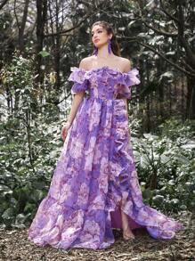 Váy dạ hội trễ vai thanh lịch Faeriesty Luxe, buộc dây sau lưng, xẻ tà cao – Hoàn hảo cho các buổi dạ hội, đám cưới, sự kiện thảm đỏ, bữa tối trang trọng, vũ hội từ thiện - Màu tím - Xem 3
