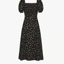 Women's Loose-Fitting Dress With Discreet Floral Print And Thigh Slit And Puff Sleeves - màu đen - Xem 3