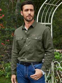 Men's Long Sleeve Military Shirt With Buttons - màu xanh lá - Xem 4