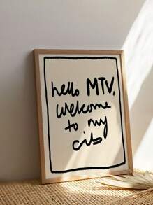 1幅“Hello MTV, Welcome To My Crib”帆布海报 - 复古现代黑白墙饰，无框，适用于客厅、卧室、家庭办公室、厨房 - 时尚简约风格，可爱房间装饰