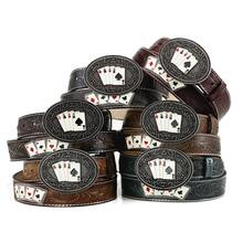 Cinto Country Feminino Masculino Artesanal Em Couro Fivela Grande Redonda Detalhes Carta Baralho