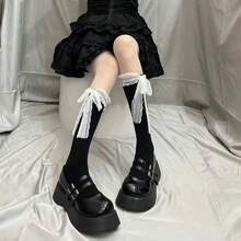 Women's Lace Knee-High Socks Cute Bow Calf Socks Princess Girls Socks - Black - View 2