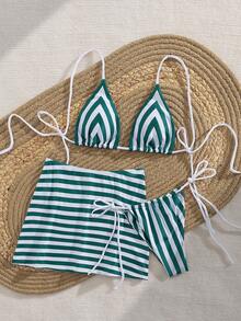 Nuevo conjunto de bikini sexy con tirantes tipo espagueti y espalda descubierta con falda envolvente, elegante traje de baño de playa de moda para damas en verano