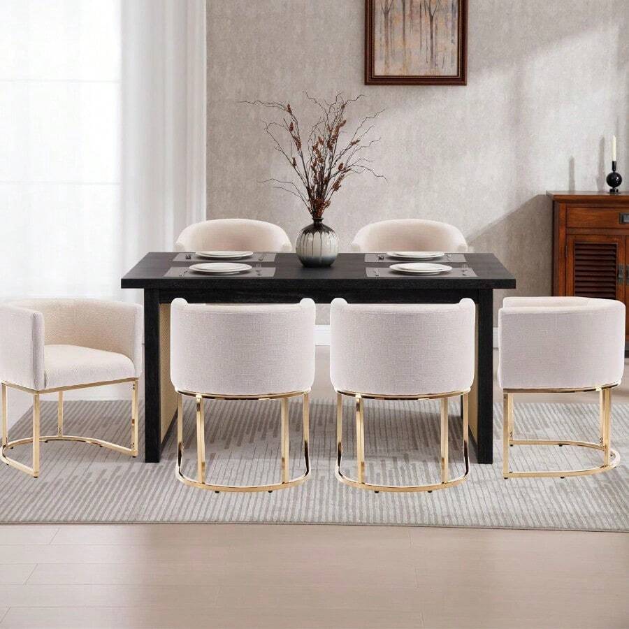 Modern Upholstered Barrel Dining Chairs With Arms Set Of 6, Linen Kitchen & Dining Room Chairs, 18.5" Wide Bucket Chairs For Dining Room Living Room With Black Metal Frame, Cream - 奶油色-金腿 - 查看 1