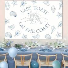1pc Final Coastal Dessert Party Backdrop - Blue Coastline Beach Theme Banner, Polyester Photography Background, Suitable For Bridal Shower And Engagement Decor, Tablecloth, Curtain