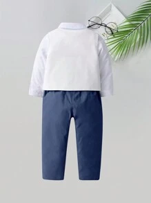 BOARNSEORL 3pcs Baby Boys Gentleman Outfit Set - White Shirt With Bowknot, Vest And Pants, Fashionable And Stylish For Birthday Party, Wedding, Christening, Anniversary - Blue - View 3