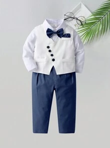 BOARNSEORL 3pcs Baby Boys Gentleman Outfit Set - White Shirt With Bowknot, Vest And Pants, Fashionable And Stylish For Birthday Party, Wedding, Christening, Anniversary - Blue - View 2