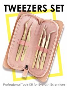 Seedew 一套睫毛嫁接镊子套装，5把金色镊子，可爱粉灰色收纳盒，专业睫毛嫁接工具，非磁性不锈钢化妆精密仪器 - 金色 - 查看 1