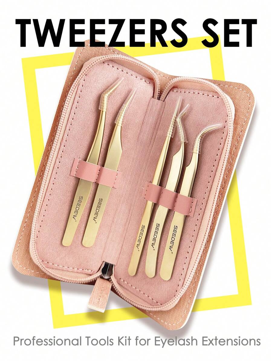 Seedew 一套睫毛嫁接镊子套装，5把金色镊子，可爱粉灰色收纳盒，专业睫毛嫁接工具，非磁性不锈钢化妆精密仪器 - 金色 - 查看 1