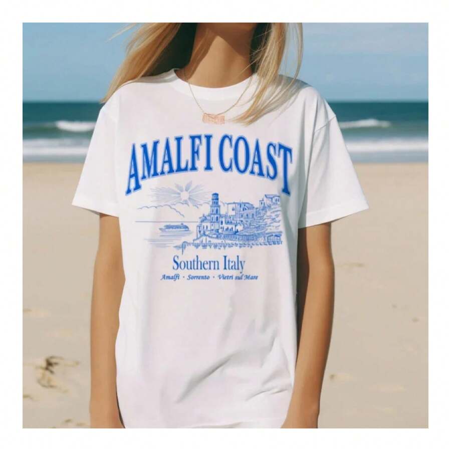 Female Amalfi Coast Vintage Italy T-Shirts Retro Boho Italian Travel T Shirt Cute Aesthetic Vacation Tops Women Summer Clothes - White - View 1