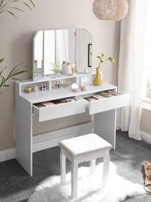 VASAGLE Vanity Set, Dressing Table Set with Tri-Fold Mirror, Large Table Top, 2 Drawers, White - Blanco - Ver 5