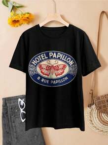 Lovers T-Shirts Paris Papillon Hotel Butterfly Art Vintage T-Shirt (Red White Blue Oval Design) - Black - View 2