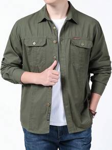 Men's Long Sleeve Military Shirt With Buttons - màu xanh lá - Xem 7