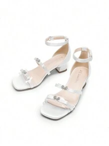 Girls Sandals Low Heel Dress Pump Ankle Strap Two Strapped Bow Flower Wedding Party Shoes For Little Kid/Big Kid - trắng - Xem 7