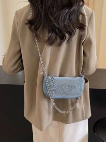 全新时尚百搭牛仔水钻装饰方形斜挎包带链条肩带女士日常通勤单肩包节日礼物 - 藍色 - 查看 5