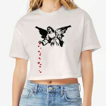 Camiseta corta de algodón con gráfico de corazones de ángel para el Día de San Valentín para mujer