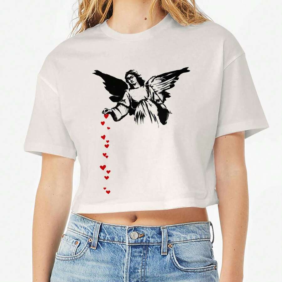 Camiseta corta de algodón con gráfico de corazones de ángel para el Día de San Valentín para mujer