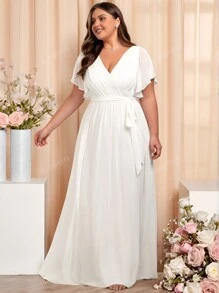 Frauen Große Größen faltende einfarbige gerüschte V-Ausschnitt Rüschenärmel Abendkleider, weiße elegante Kleider Hochzeitskleid, Braut