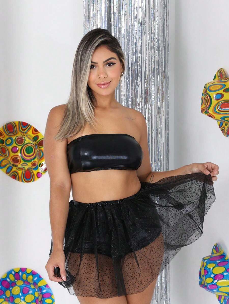 Women's Metallic Carnival Set Skirt + Shorts And Block Top - Black - View 1