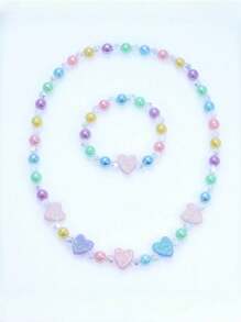 2 件/套儿童珠宝彩色亚克力心形手链项链套装 - 彩色 - 查看 1