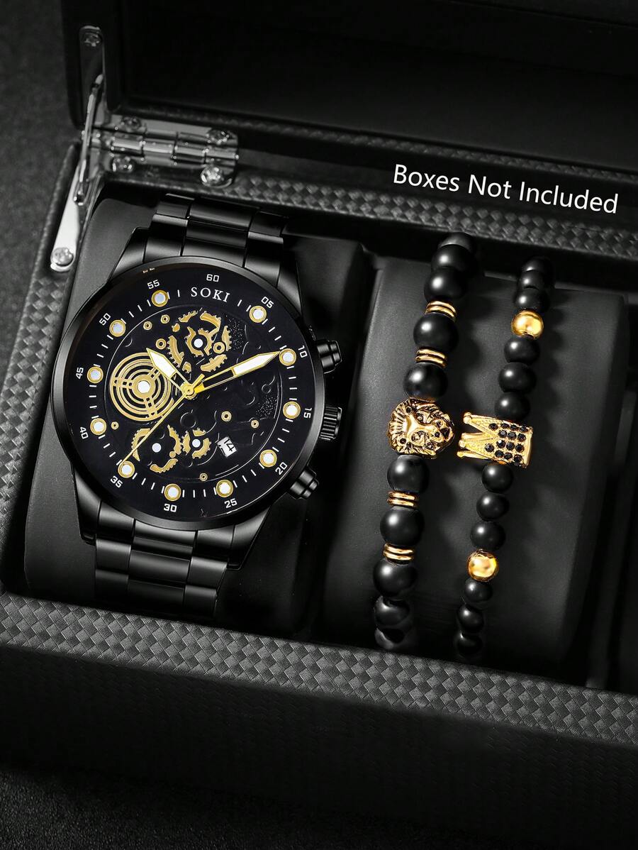 1 Set Men's Watch Business, Fashion, Calendar Function, Luminous Seconds Hand, Anti-Mechanical Numeric Dial Quartz Watch And Lion's Head, Crown Beaded Bracelet Accessory Set Perfect For Everyday Wear, Birthday Gifts, Parties, Holiday Gatherings, And As The Ideal Gift For Yourself Or Friends No Box