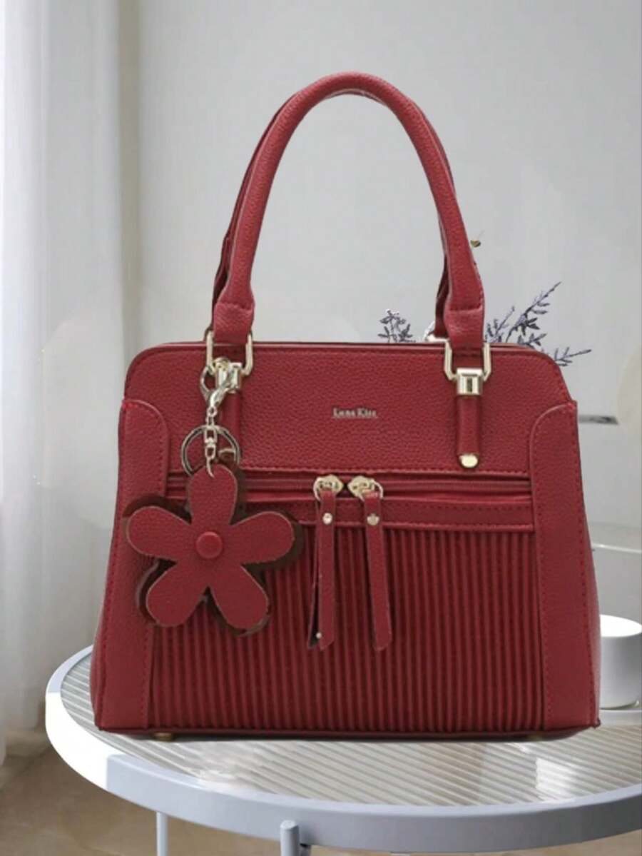 Women's Fashion Style Handbag With Pom Pom Pendant, Versatile Portable Shoulder Crossbody Bag - Đỏ - Xem 1