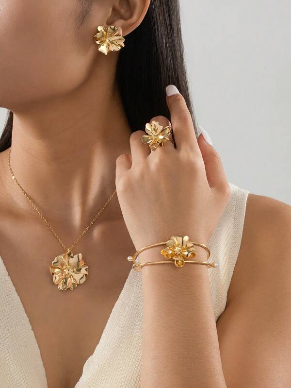1 Set de Joyería elegante con diseño de flor de doble capa metálica que incluye pulsera, anillo, collar y aretes, adecuado para uso diario y fiestas, excelente regalo para mujeres