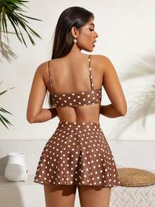 3 件套女士休闲可爱波尔卡圆点印花比基尼套装和裙子泳装，适合夏季海滩度假 - 棕色 - 查看 3
