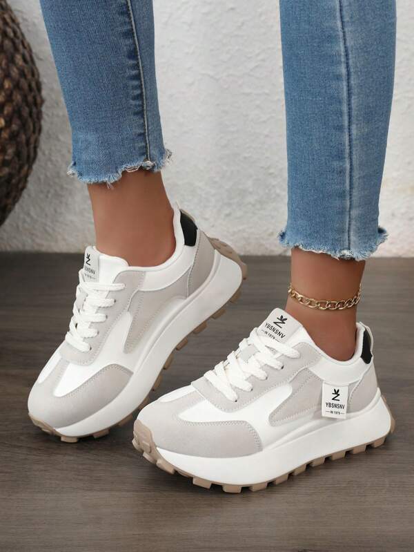 2025 New Autumn Women's Thick Sole Lace-Up Sporty Shoes, Breathable Thick Bottom Colorblock Casual Sneakers