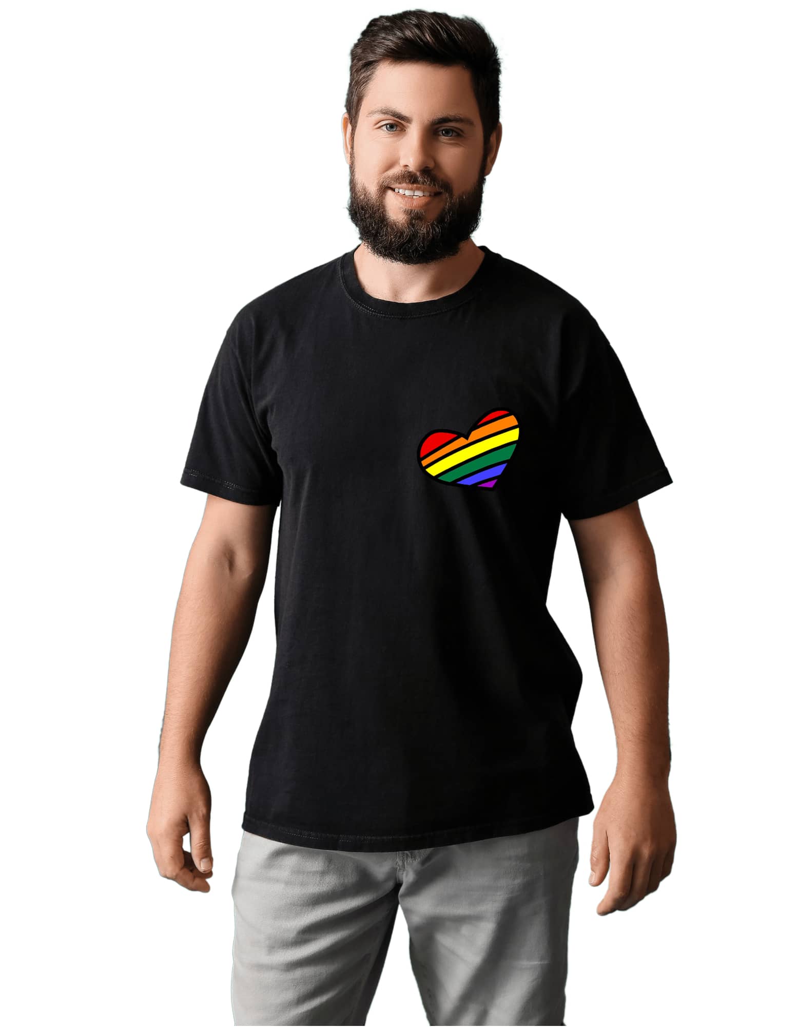 Ajolotastico Black T-Shirt For Men LGBT Heart Rainbow Shield Black Casual Round Neck T-Shirt For Men With LGBT Heart Rainbow Shield Print Urban Short-Sleeved Printed Urban Top Fashion For Daily Use Street Fashion - 黑色 - 查看 1