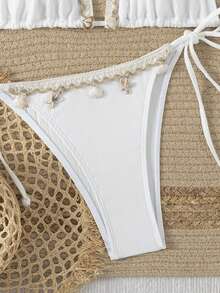 Women White Halter Bikini Set With Delicate Shell And Starfish Embellishments Tie Side Bottom For Beach Trips Vacation Summer - White - View 9
