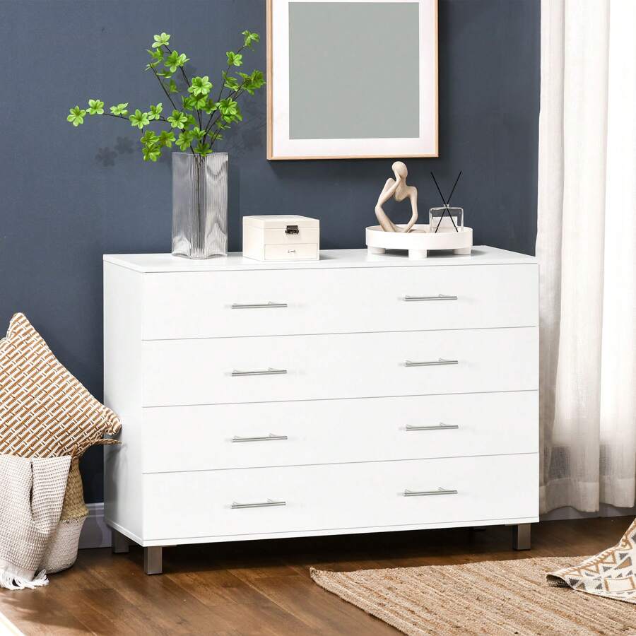 HOMCOM HOMCOM Cómoda con 4 Cajones Cómoda de Dormitorio de Madera con Patas Cómoda de Noche Moderno para Salón Oficina Entrada 112x38,2x81 cm Blanco
