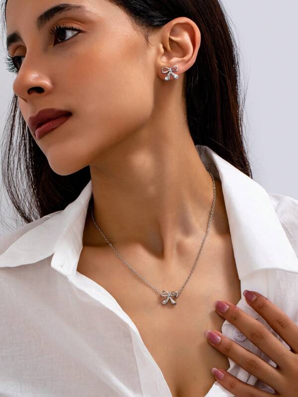Set de 3 piezas con pendientes y collar de lazo simple de moda, para uso diario de mujeres