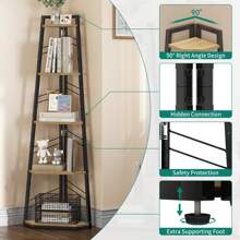 Yitahome Eckregal 5 Ebenen, Eck-Bücherregal, Standregal Freistehend, Modernes Holzregal mit Stahlrahmen, Eichenfarbe -von GeoTower- - Schwarz - Übersicht 5