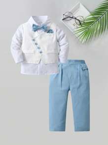 3pcs/Set Young Boy Gentleman Suit, Including White Shirt, Bow Tie, Vest And Pants, Perfect For Birthday Party, Wedding, Performance, Baptism, Festival, Etc.