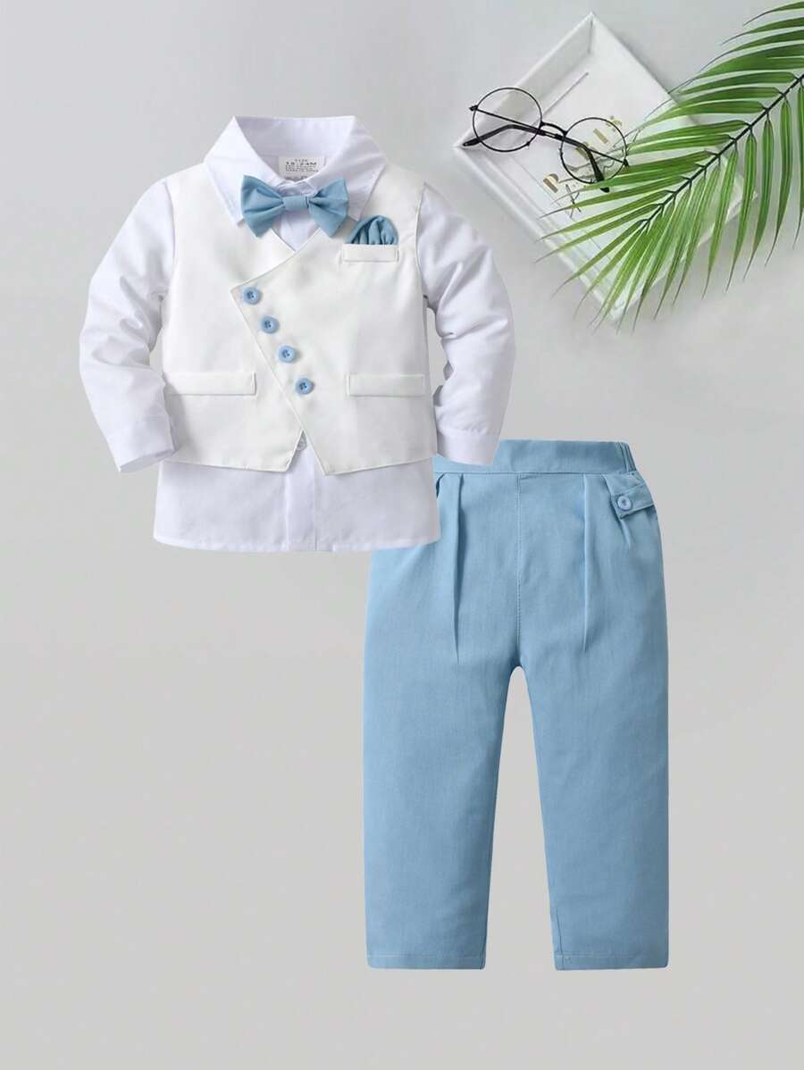 3pcs/Set Young Boy Gentleman Suit, Including White Shirt, Bow Tie, Vest And Pants, Perfect For Birthday Party, Wedding, Performance, Baptism, Festival, Etc.