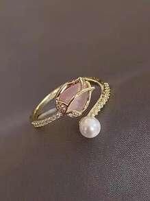 1 Tulip Bud Faux Pearl Women's Ring, Fashionable Cat Eye Stone Jewelry, Index Finger Ring, Fresh And Simple Japanese And Korean Ring, Adjustable Opening