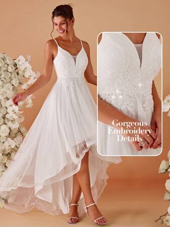 EVERPRETTY Romantic Appliques High Low Hem Flattering Cami Wedding Dress White Elegant Bridal Dresses For Summer Wedding Party,Bride