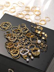 64pcs Fashionable, Elegant, Minimalist Precise Love, Butterfly, Leaf, Geometric, Faux Pearl, Rhinestone, Wavy, 8-Shaped, Infinity, Round Metal Rings Set, Multi-Layer Wide Band, Holiday, Party, Daily Wear, Gift - Yellow Gold - View 2