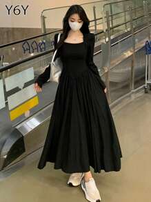 【Y6Y】黑色方领长袖超长针织连衣裙 | 女装秋冬日常高端穿搭修身廓形连衣裙 - 黑色 - 查看 1