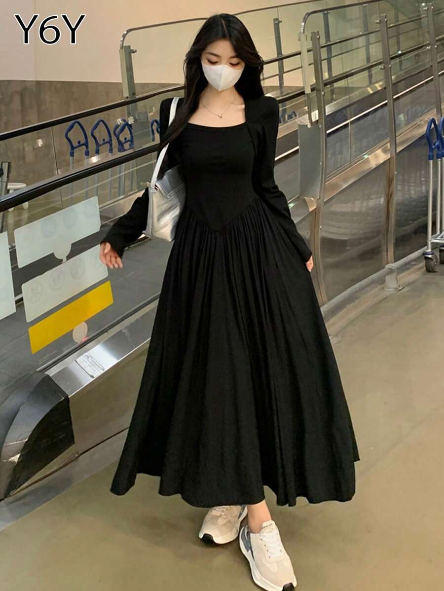 【Y6Y】黑色方领长袖超长针织连衣裙 | 女装秋冬日常高端穿搭修身廓形连衣裙 - 黑色 - 查看 1