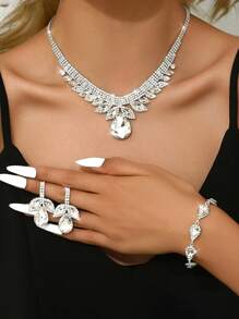 4pcs Set Crystal Water Drop Shaped Rhinestone Necklace, Bracelet & Earing Jewelry Set, European Style
