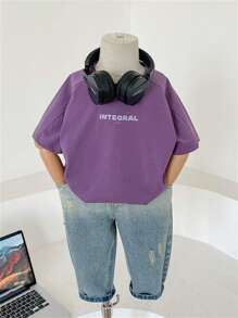 年轻男孩字母印花圆领短袖休闲 T 恤，夏季 - 紫色 - 查看 3